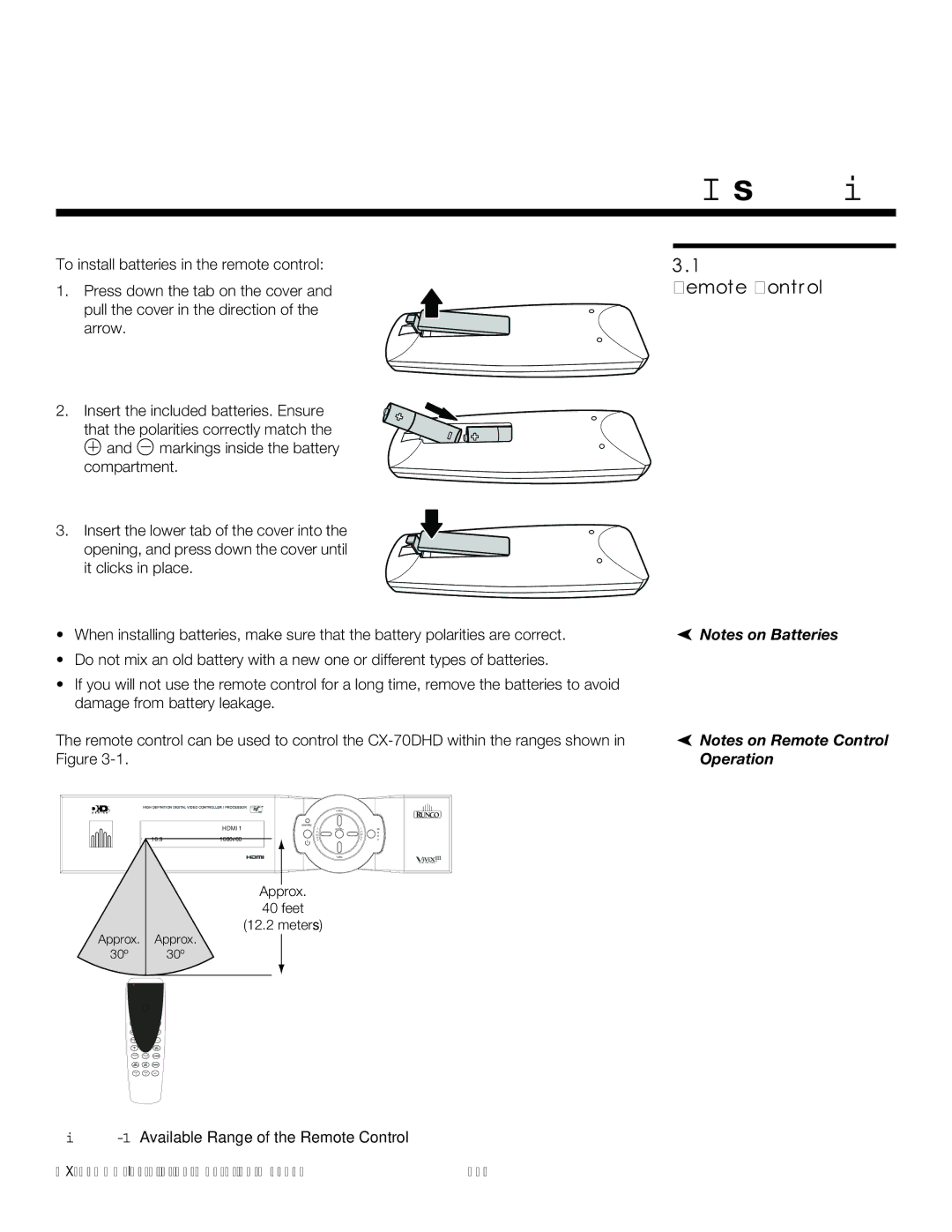 Runco CX-70DHD operation manual Installation, Remote Control 