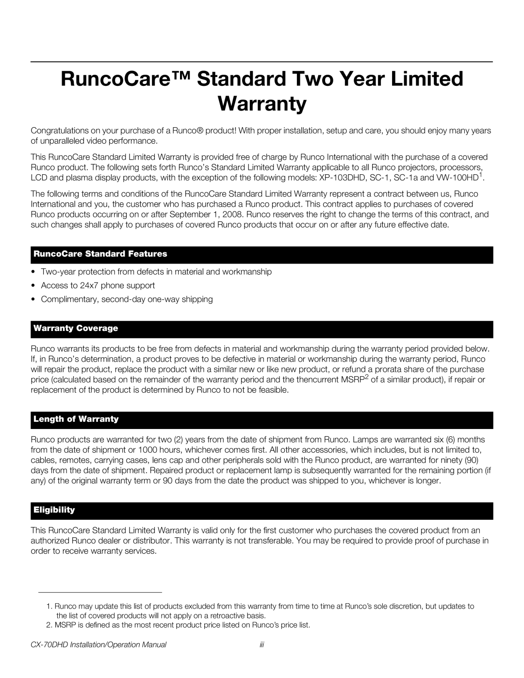 Runco CX-70DHD operation manual RuncoCare Standard Two Year Limited Warranty, RuncoCare Standard Features 