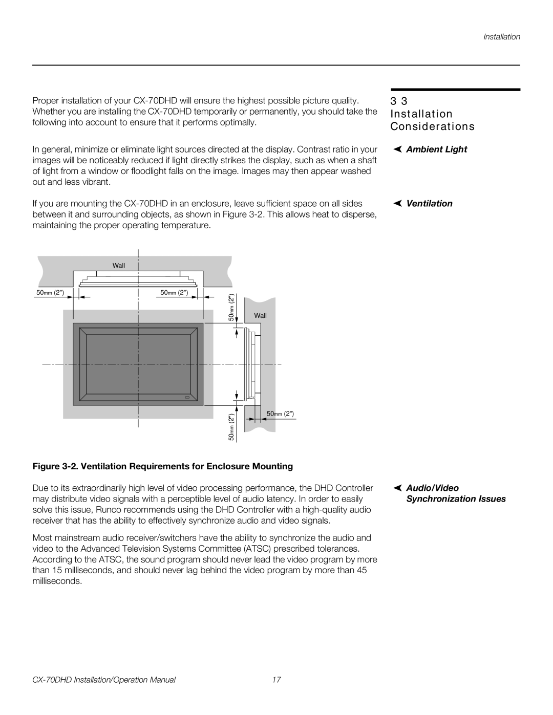 Runco CX-70DHD Installation Considerations, Ambient Light, Ventilation, Audio/Video, Synchronization Issues 