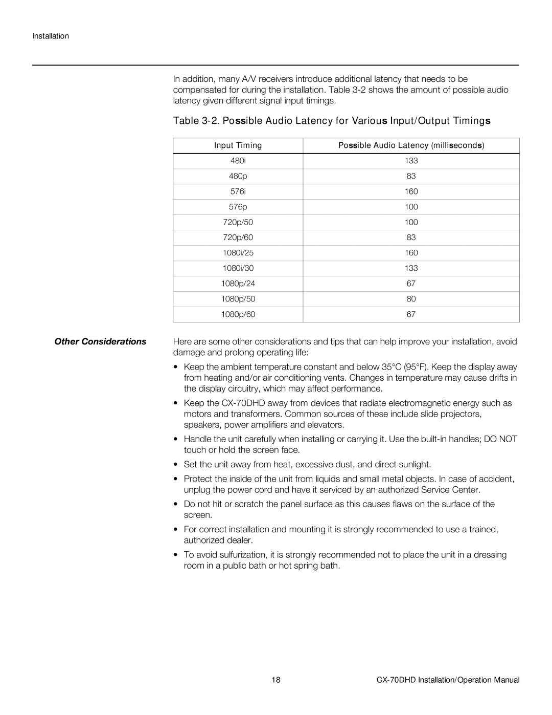 Runco CX-70DHD Possible Audio Latency for Various Input/Output Timings, Input Timing Possible Audio Latency milliseconds 