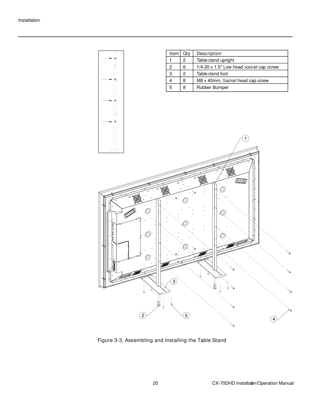 Runco CX-70DHD operation manual Assembling and Installing the Table Stand, Qty Description 