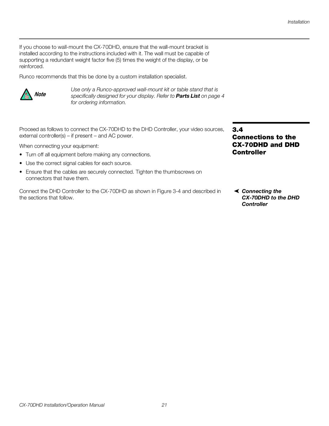 Runco operation manual Connections to the CX-70DHD and DHD Controller, Connecting CX-70DHD to the DHD Controller 