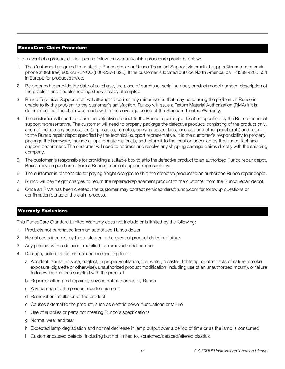 Runco CX-70DHD operation manual RuncoCare Claim Procedure 