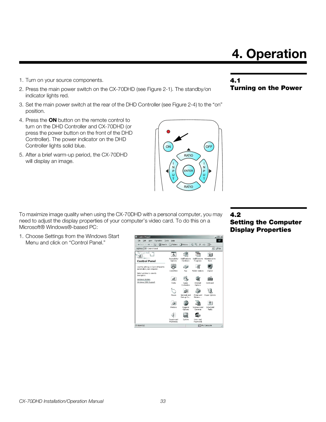 Runco CX-70DHD operation manual Operation, Turning on the Power Setting the Computer Display Properties 