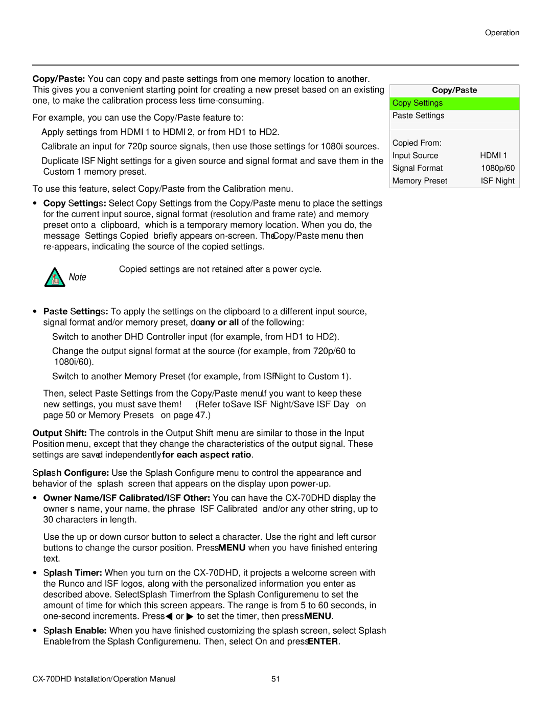 Runco CX-70DHD operation manual Copied settings are not retained after a power cycle, Copy/Paste 