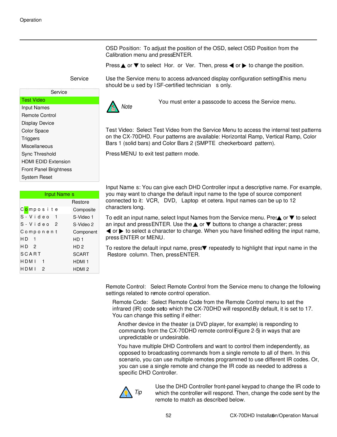 Runco CX-70DHD operation manual Service, Input Names 