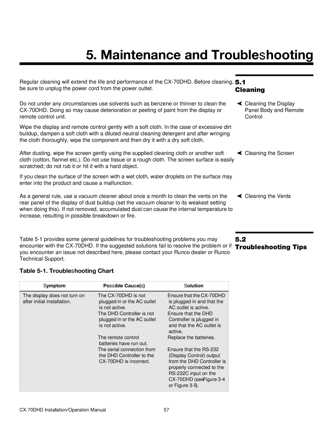 Runco CX-70DHD operation manual Maintenance and Troubleshooting, Cleaning, Troubleshooting Tips, Troubleshooting Chart 