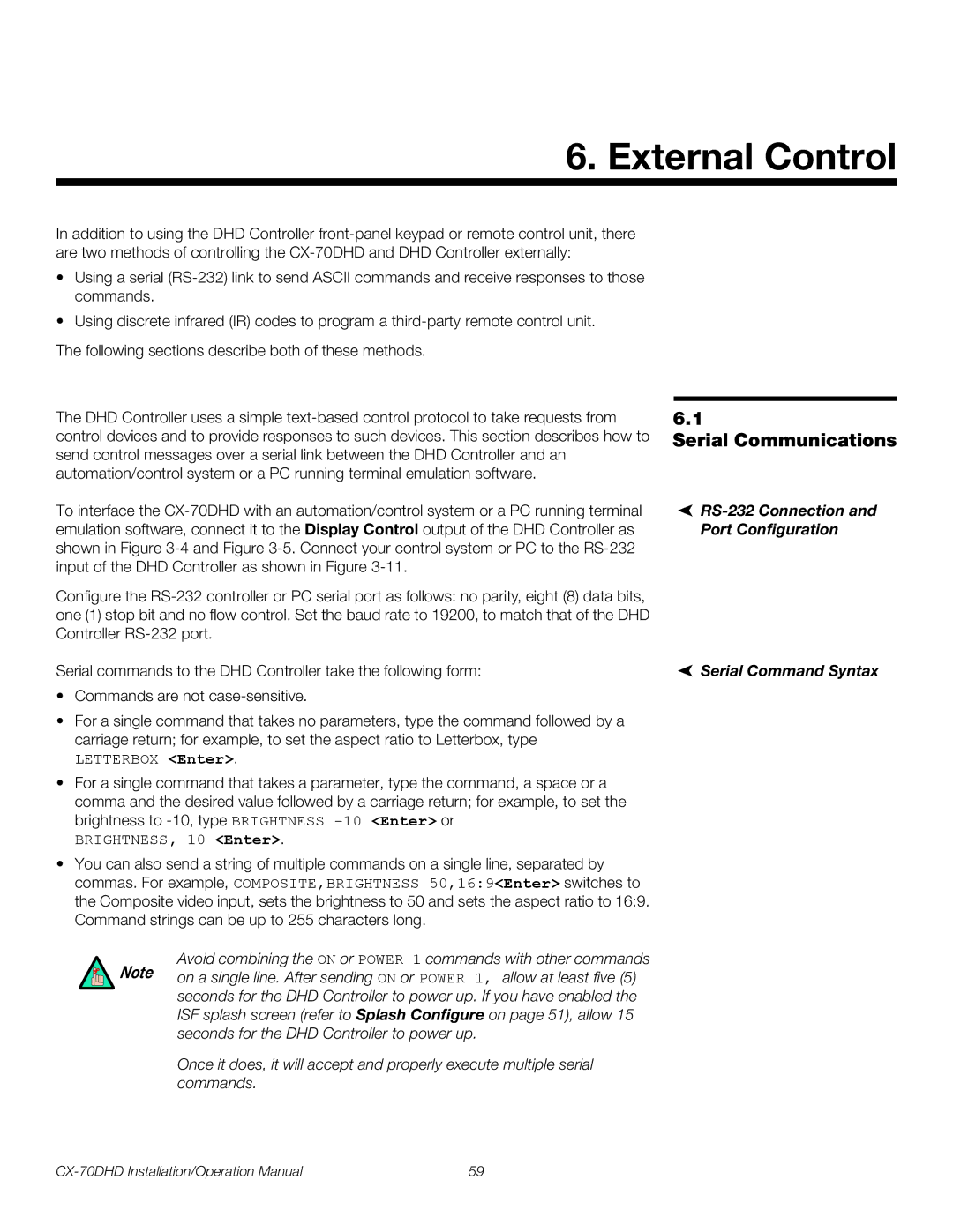 Runco CX-70DHD External Control, Serial Communications, RS-232 Connection, Port Configuration, Serial Command Syntax 