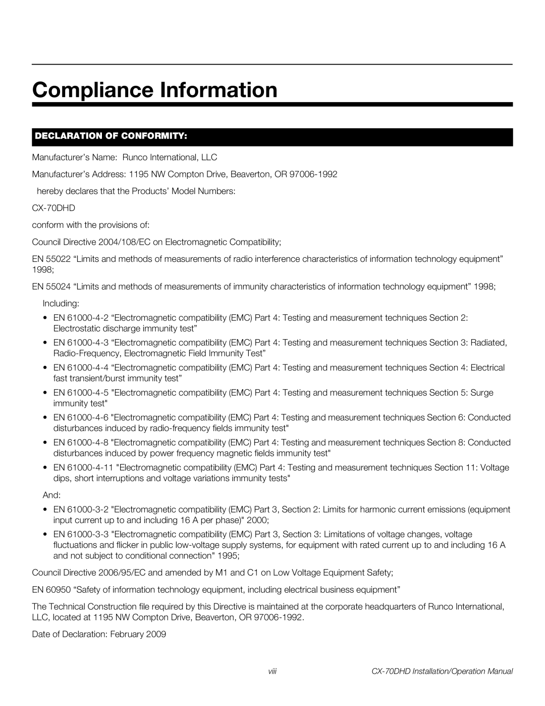 Runco CX-70DHD operation manual Compliance Information, Declaration of Conformity 