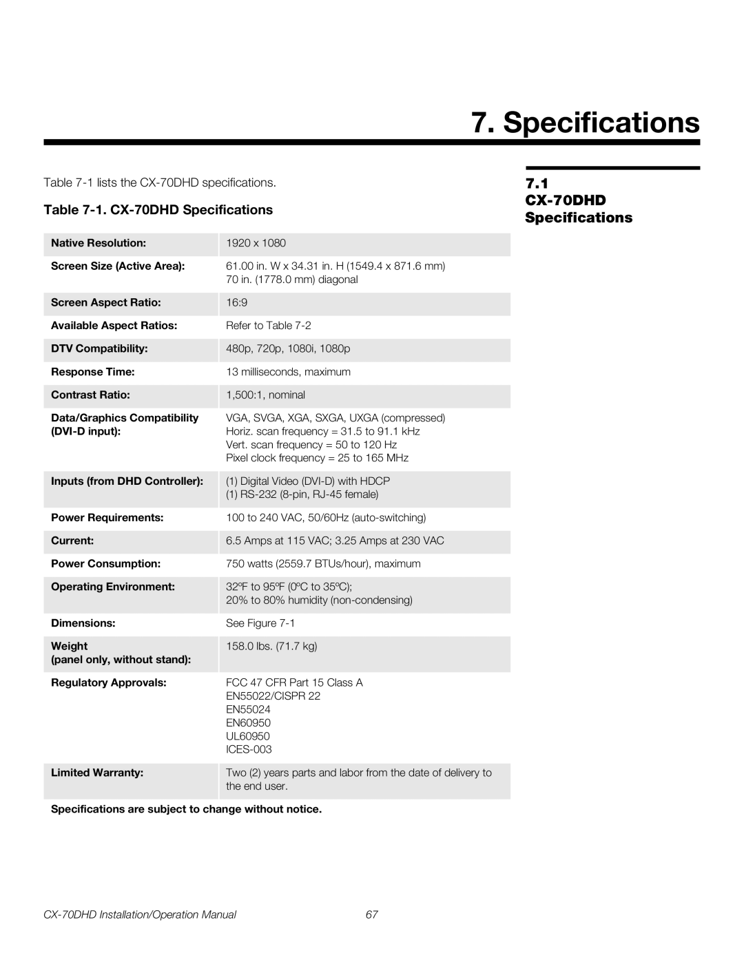 Runco operation manual CX-70DHD Specifications 