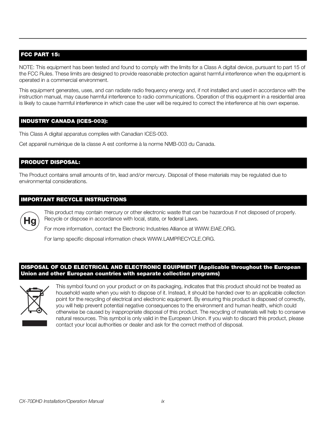 Runco CX-70DHD operation manual FCC Part Industry Canada ICES-003 