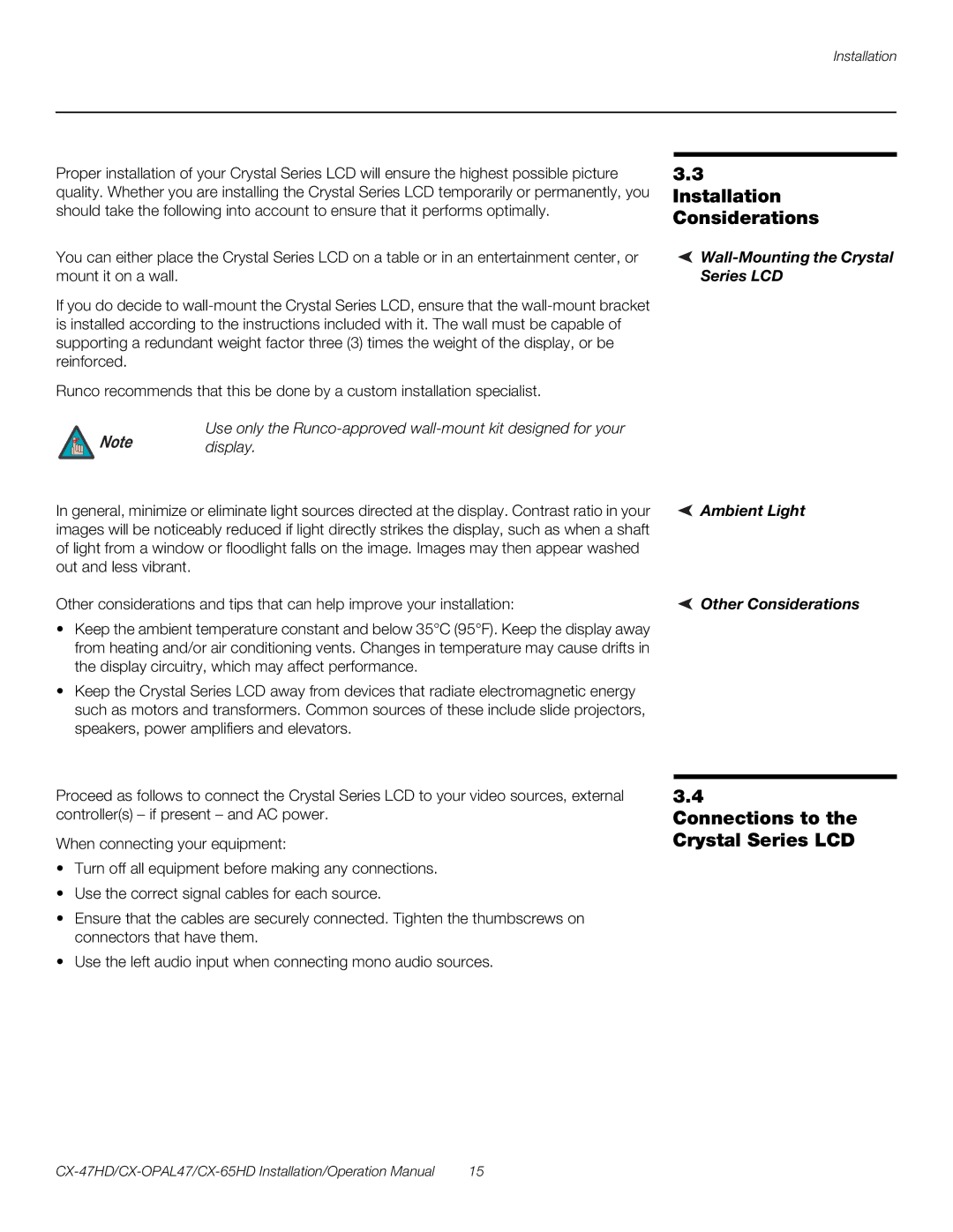 Runco CX-47HD Installation Considerations, Connections to the Crystal Series LCD, Wall-Mounting the Crystal Series LCD 