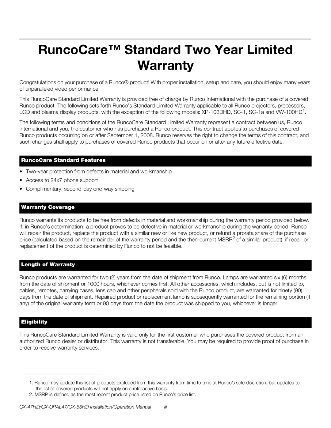 Runco CX-OPAL47, CX-65HD, CX-47HD operation manual RuncoCare Standard Two Year Limited Warranty, RuncoCare Standard Features 