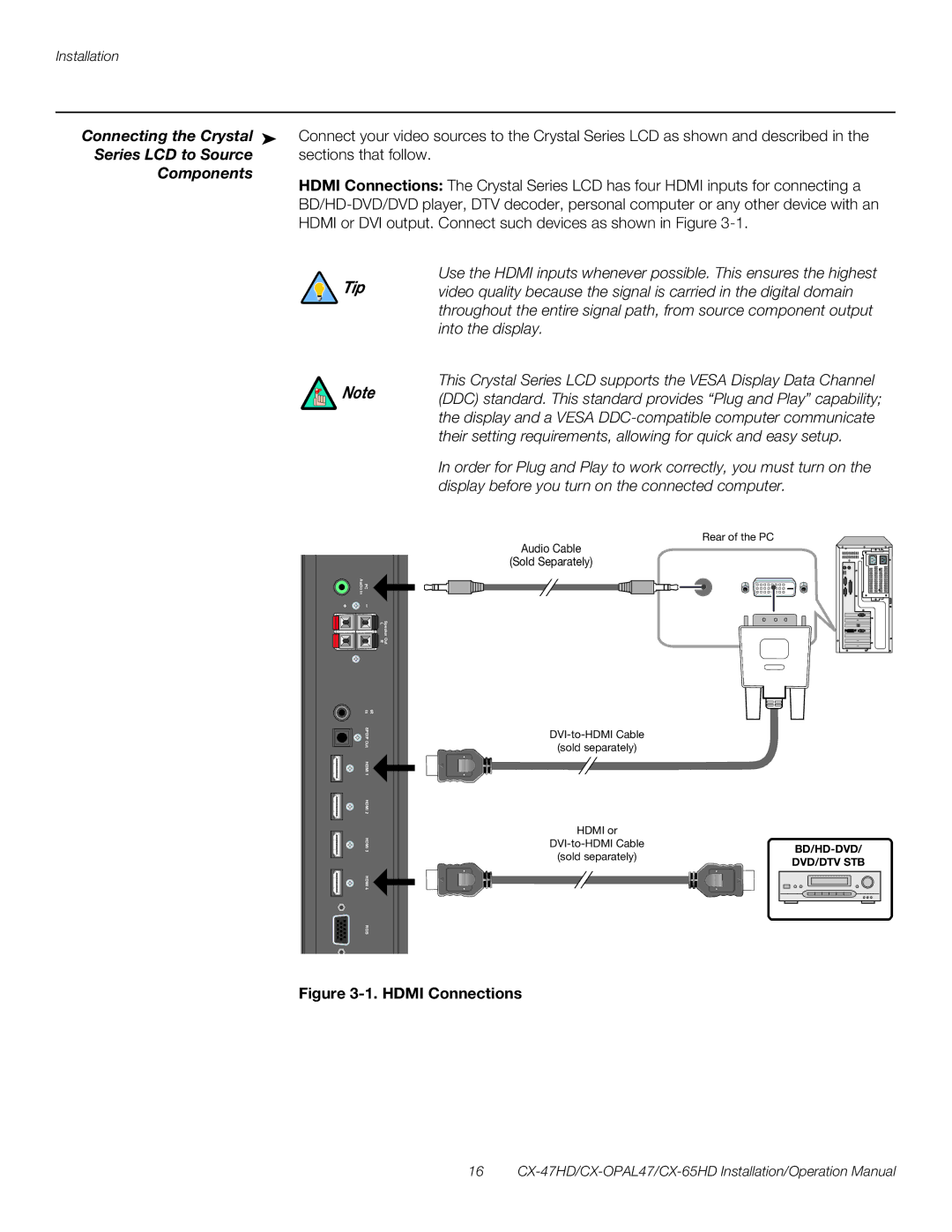 Runco CX-OPAL47, CX-65HD, CX-47HD Connecting the Crystal, Series LCD to Source Sections that follow Components 