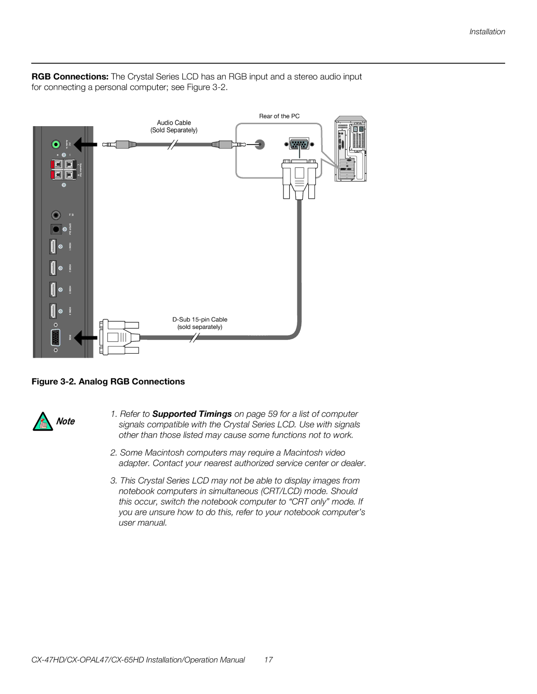 Runco CX-65HD, CX-OPAL47, CX-47HD operation manual Analog RGB Connections 