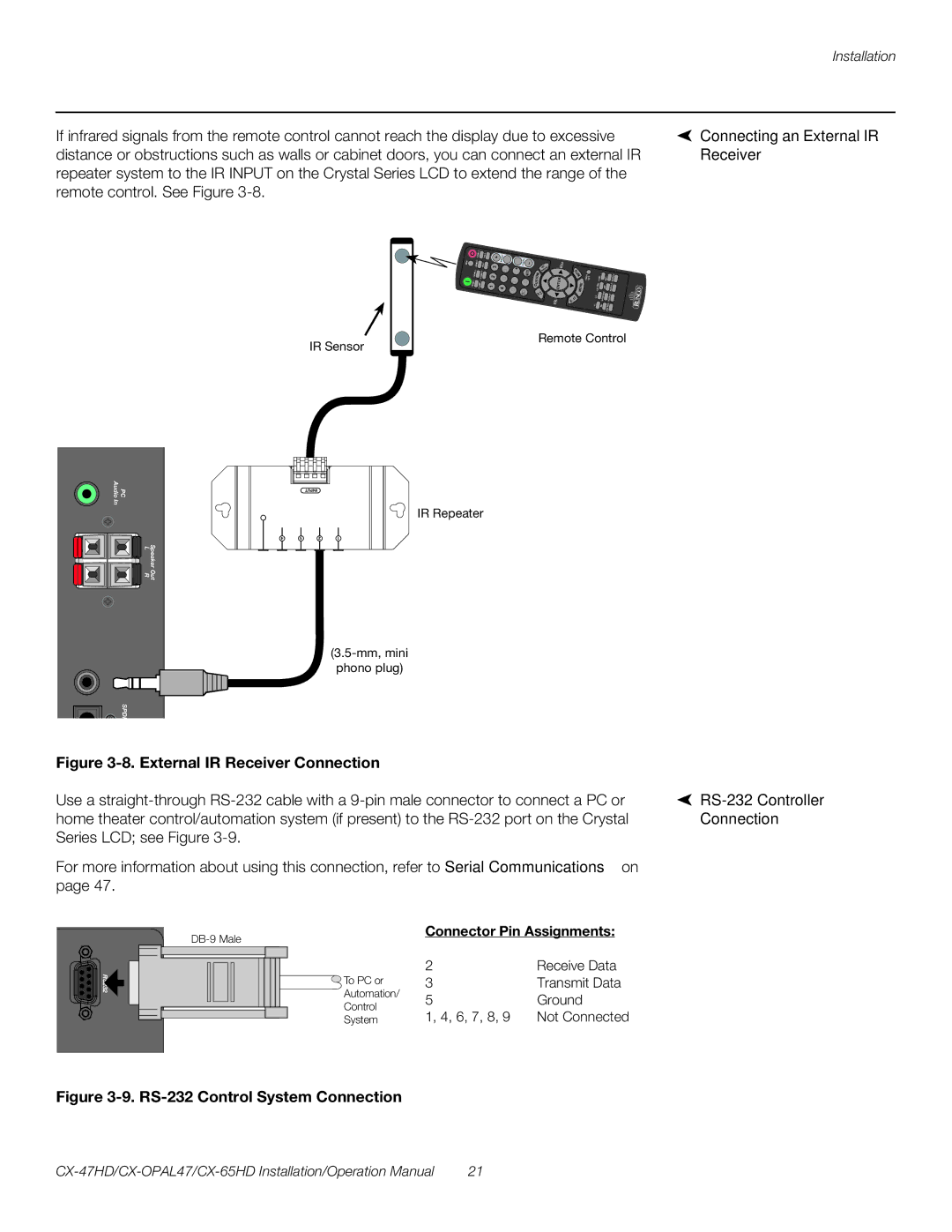 Runco CX-47HD, CX-OPAL47, CX-65HD operation manual Connecting an External IR, Receiver, RS-232 Controller, Connection 