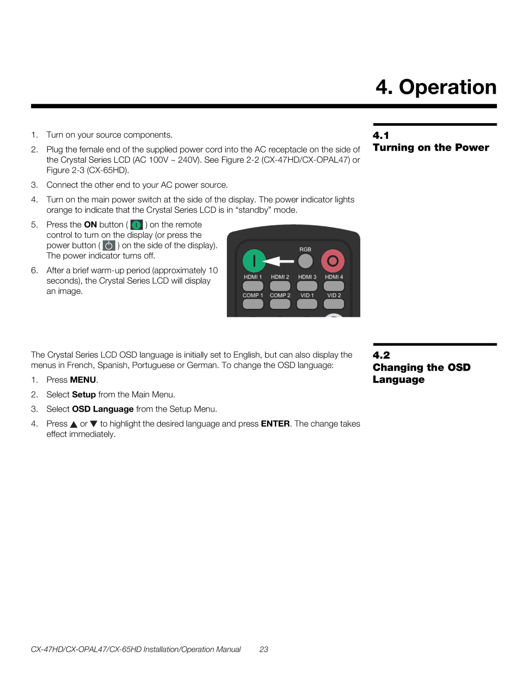 Runco CX-65HD, CX-OPAL47, CX-47HD operation manual Operation, Turning on the Power, Changing the OSD Language 