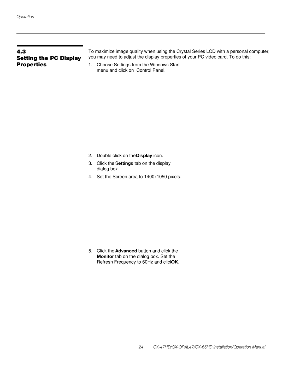 Runco CX-47HD, CX-OPAL47, CX-65HD operation manual Setting the PC Display Properties 