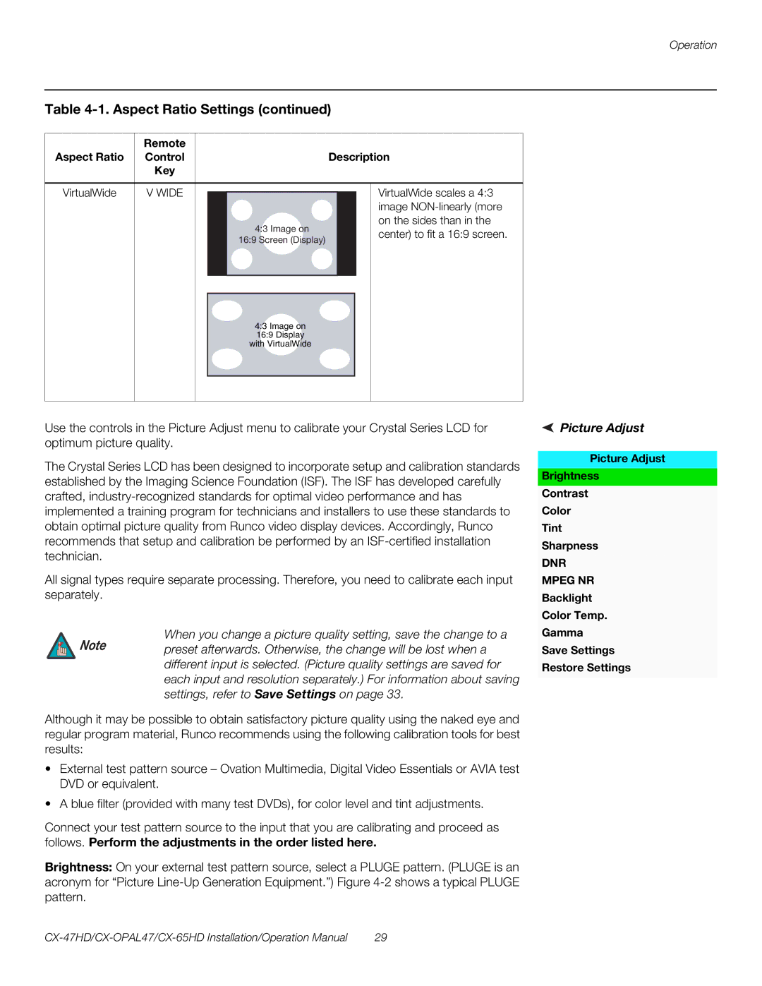 Runco CX-65HD, CX-OPAL47, CX-47HD operation manual Picture Adjust 