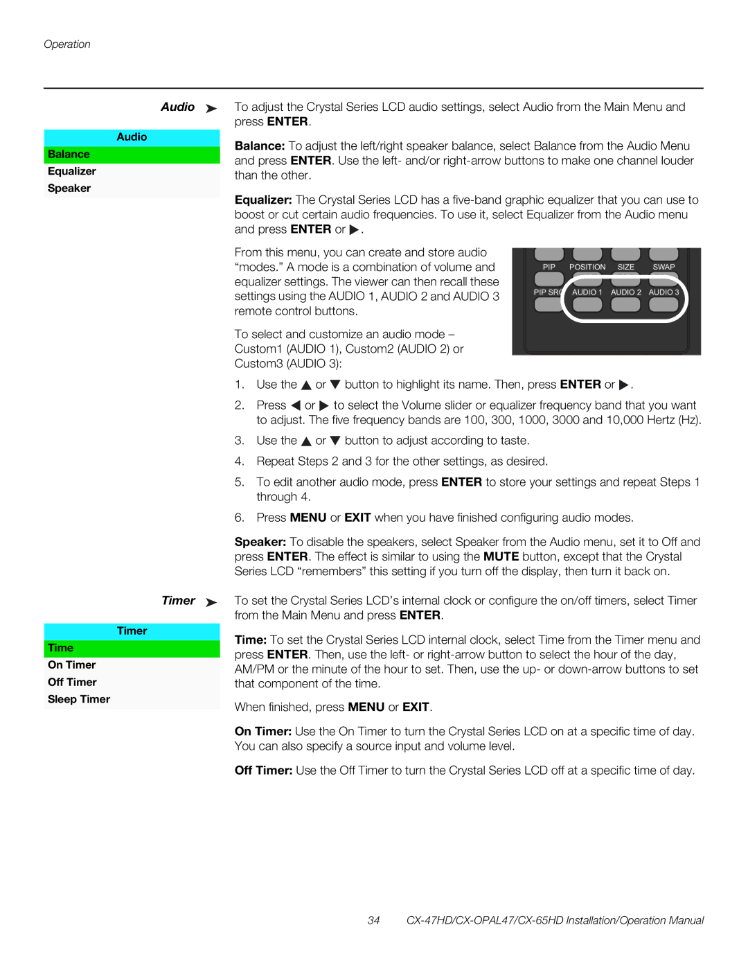 Runco CX-OPAL47, CX-65HD, CX-47HD operation manual Balance Equalizer Speaker 