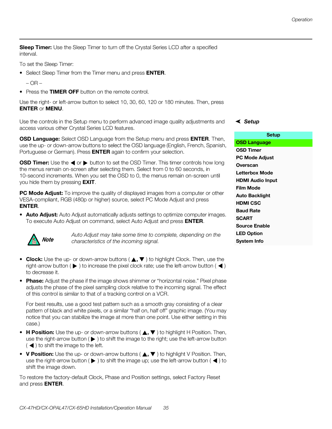 Runco CX-65HD, CX-OPAL47, CX-47HD operation manual Characteristics of the incoming signal, Setup 