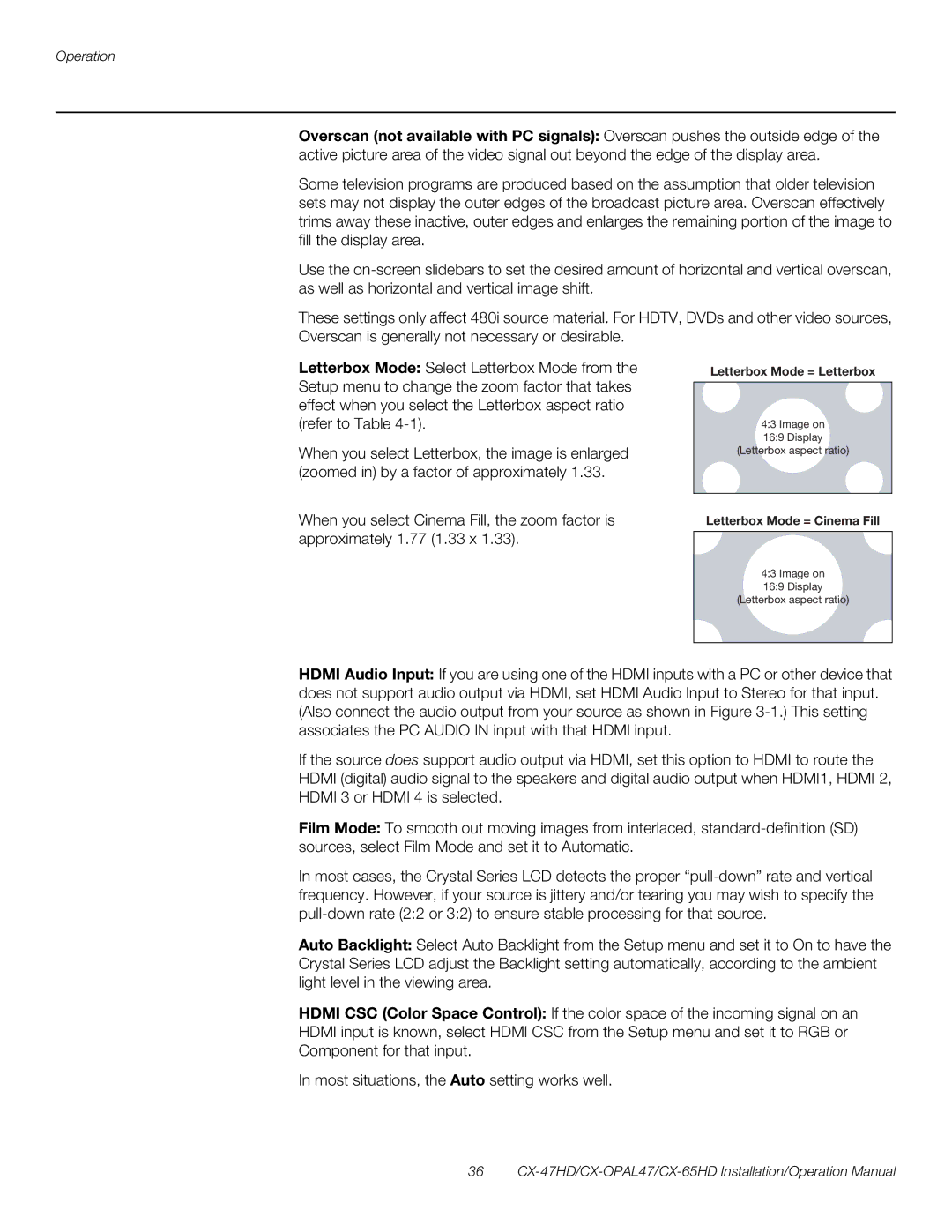 Runco CX-47HD, CX-OPAL47, CX-65HD operation manual Letterbox Mode = Letterbox 