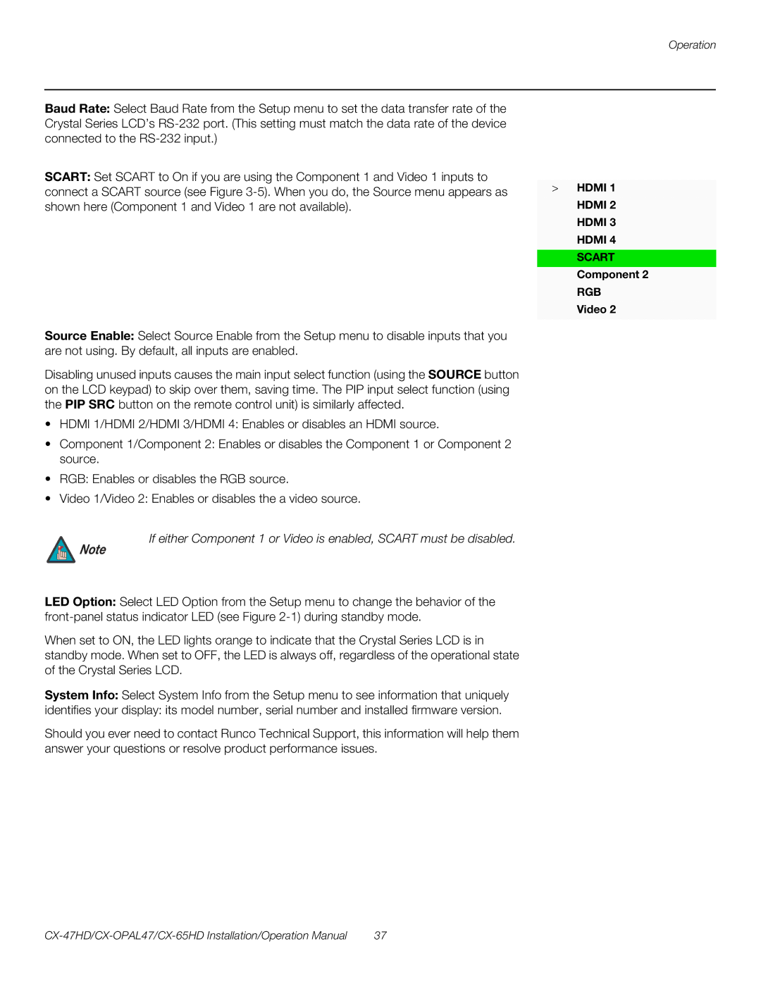Runco CX-OPAL47, CX-65HD, CX-47HD operation manual Hdmi 1 Hdmi 2 Hdmi 3 Hdmi 4 Scart Component RGB Video 
