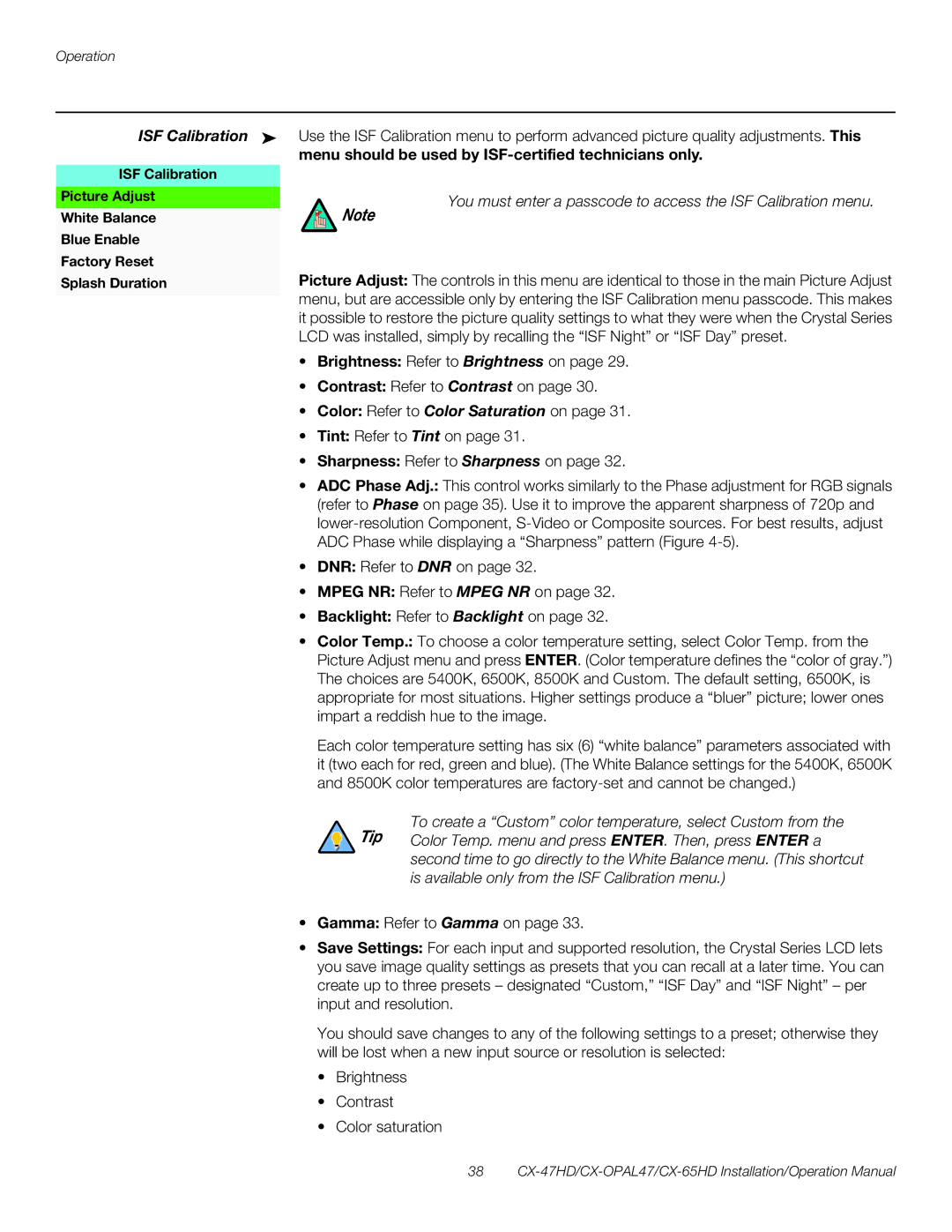 Runco CX-65HD, CX-OPAL47, CX-47HD operation manual Menu should be used by ISF-certified technicians only 