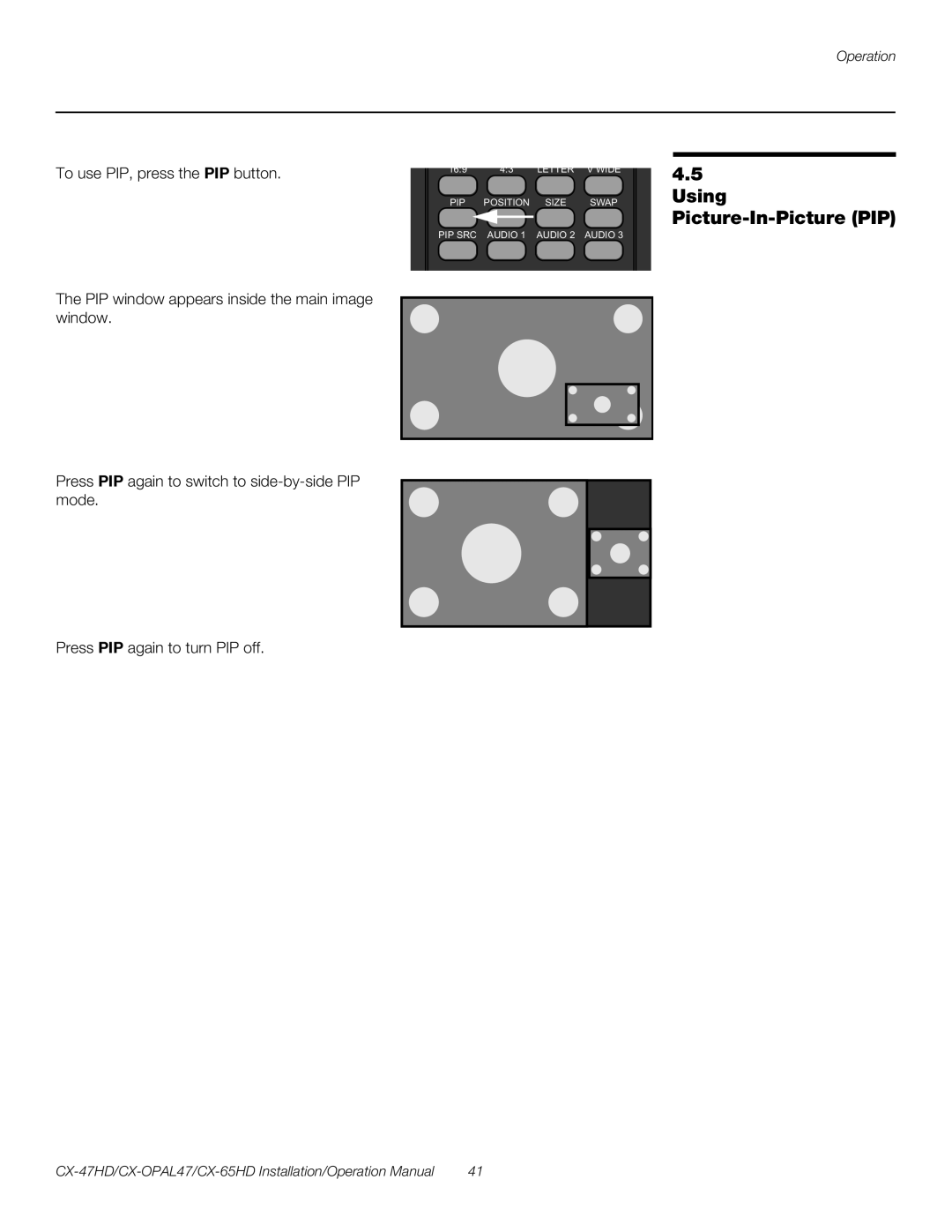 Runco CX-65HD, CX-OPAL47, CX-47HD operation manual Using Picture-In-Picture PIP 