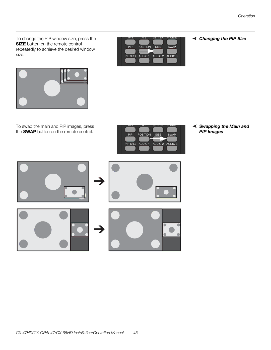 Runco CX-OPAL47, CX-65HD, CX-47HD operation manual Changing the PIP Size, Swapping the Main and PIP Images 