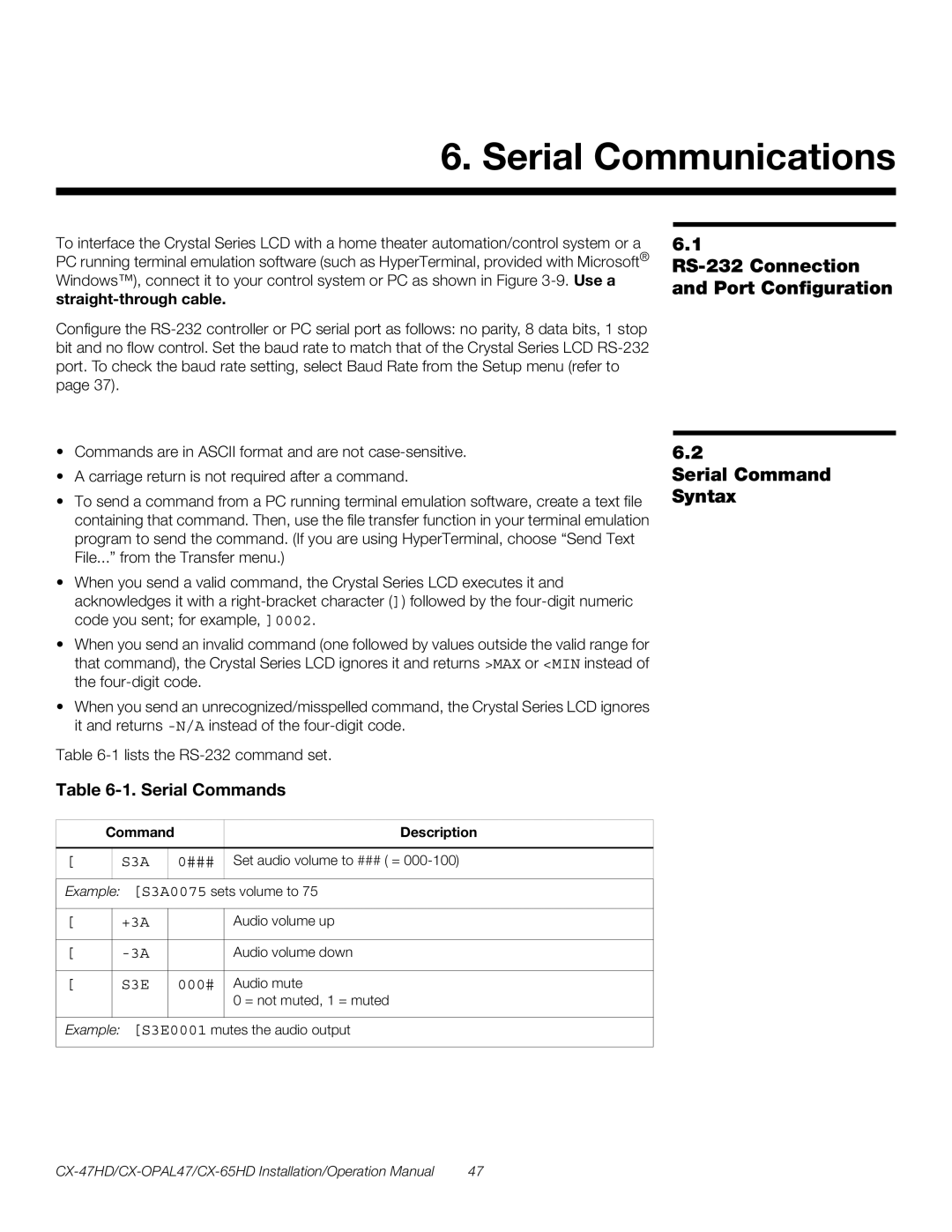 Runco CX-65HD, CX-OPAL47, CX-47HD operation manual Serial Communications, Serial Commands 