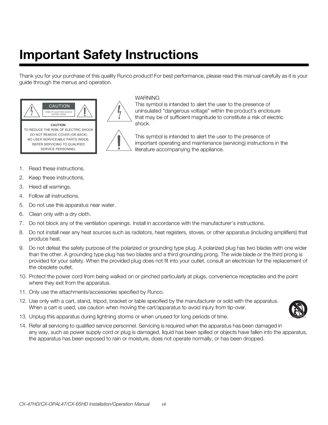 Runco CX-65HD, CX-OPAL47, CX-47HD operation manual Important Safety Instructions 