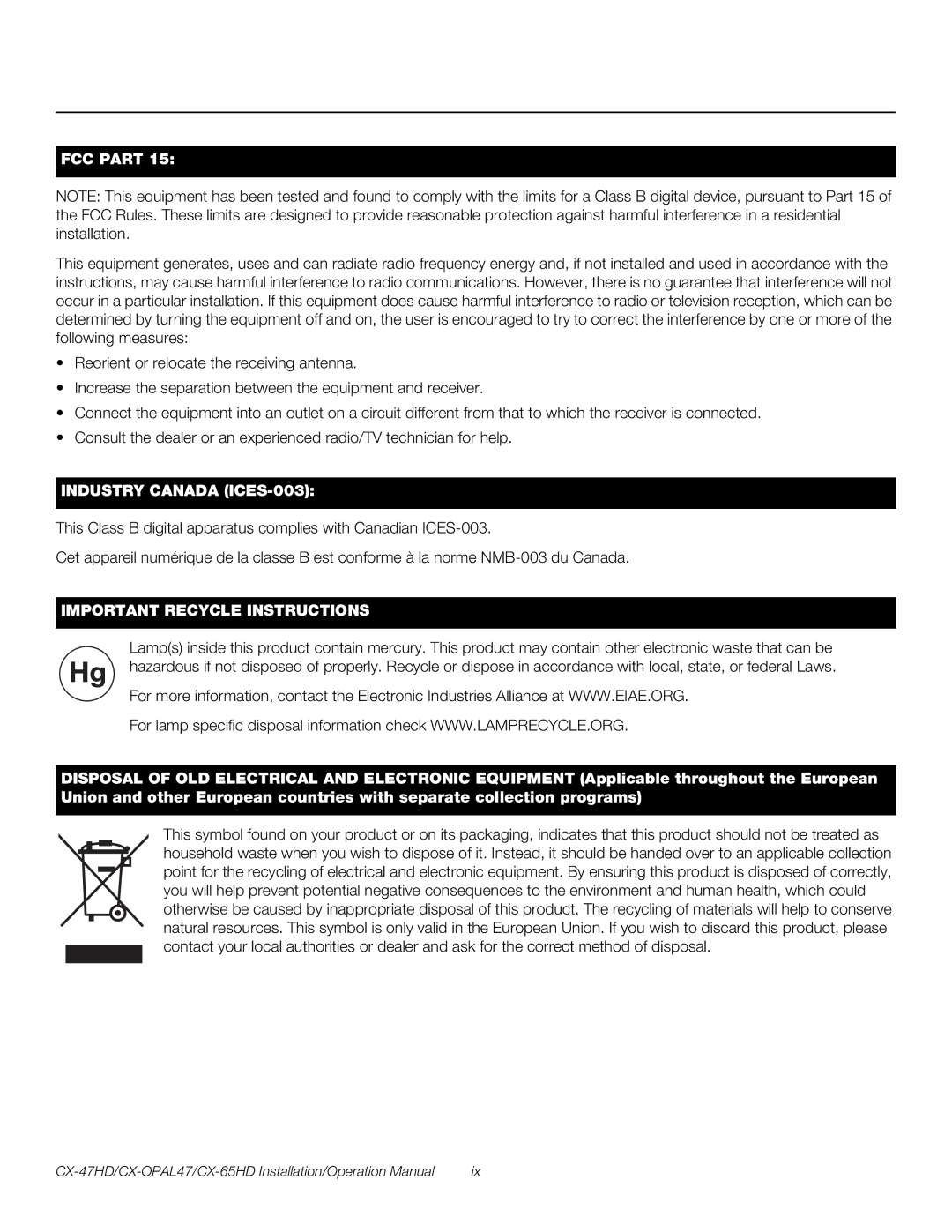 Runco CX-OPAL47, CX-65HD, CX-47HD operation manual FCC Part 