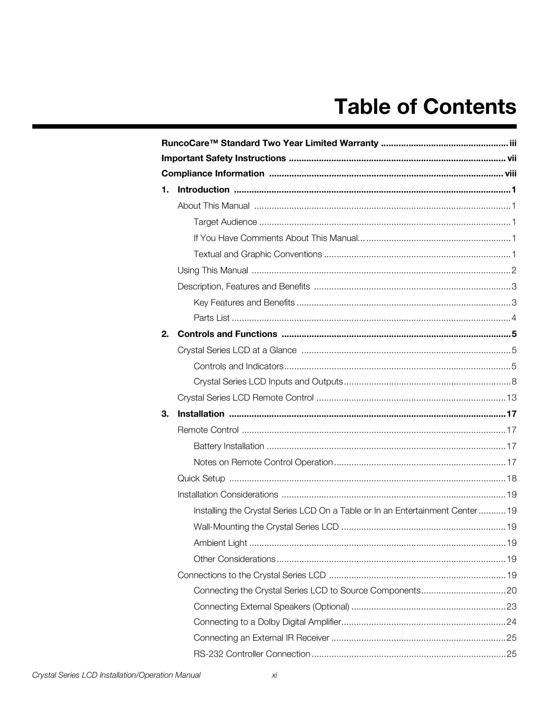 Runco CX-55HD, CX-OPAL47, CX-OPAL42, CX-OPAL55, CX-65HD, CX-42HD, CX-47HD operation manual Table of Contents 