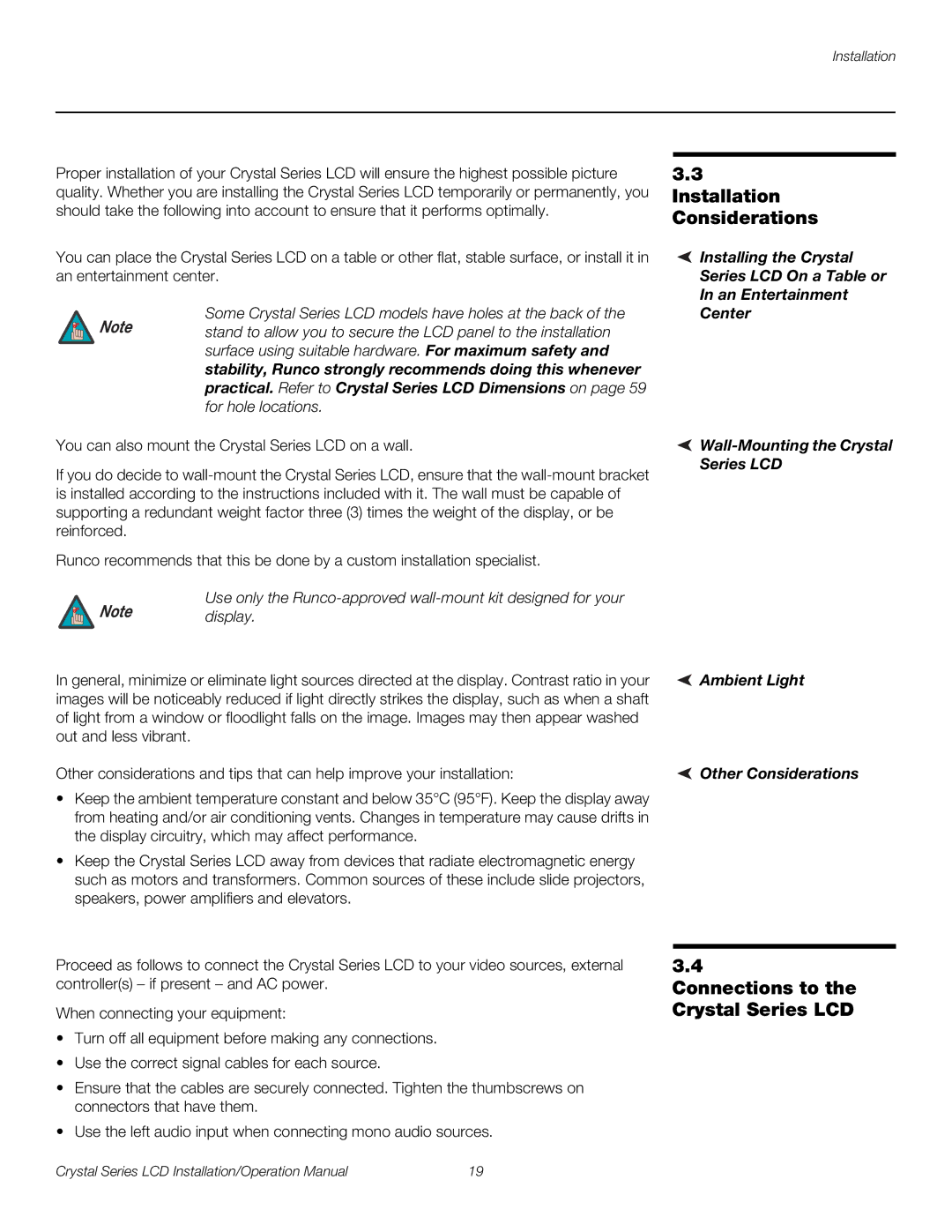 Runco CX-42HD, CX-OPAL47, CX-OPAL42, CX-OPAL55, CX-65HD Installation Considerations, Connections to the Crystal Series LCD 