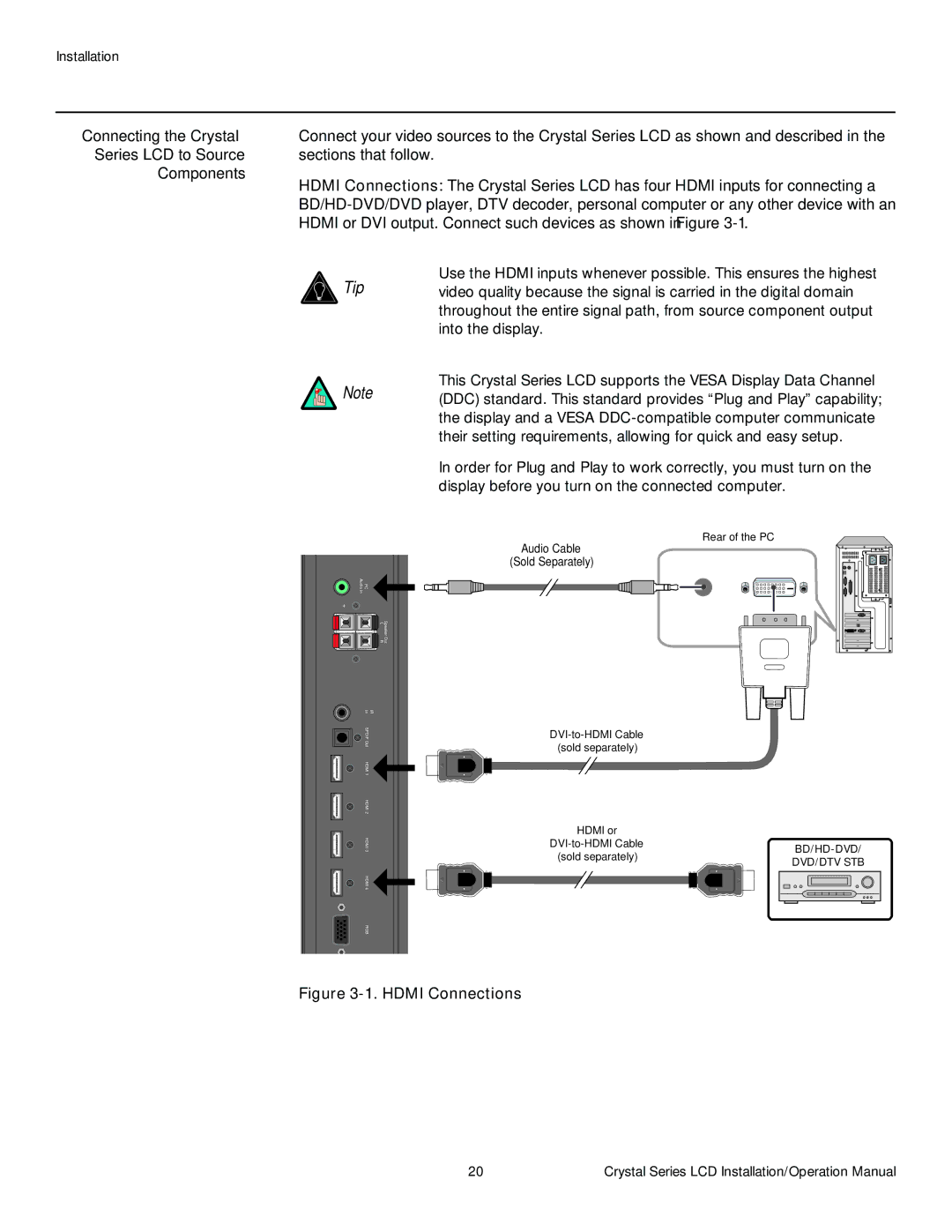 Runco CX-47HD, CX-OPAL47, CX-OPAL42, CX-OPAL55 Connecting the Crystal, Series LCD to Source Sections that follow Components 