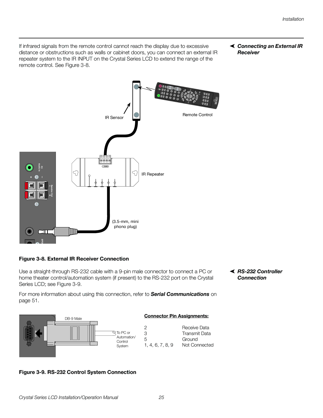 Runco CX-55HD, CX-OPAL47, CX-OPAL42, CX-OPAL55, CX-65HD Connecting an External IR, Receiver, RS-232 Controller, Connection 