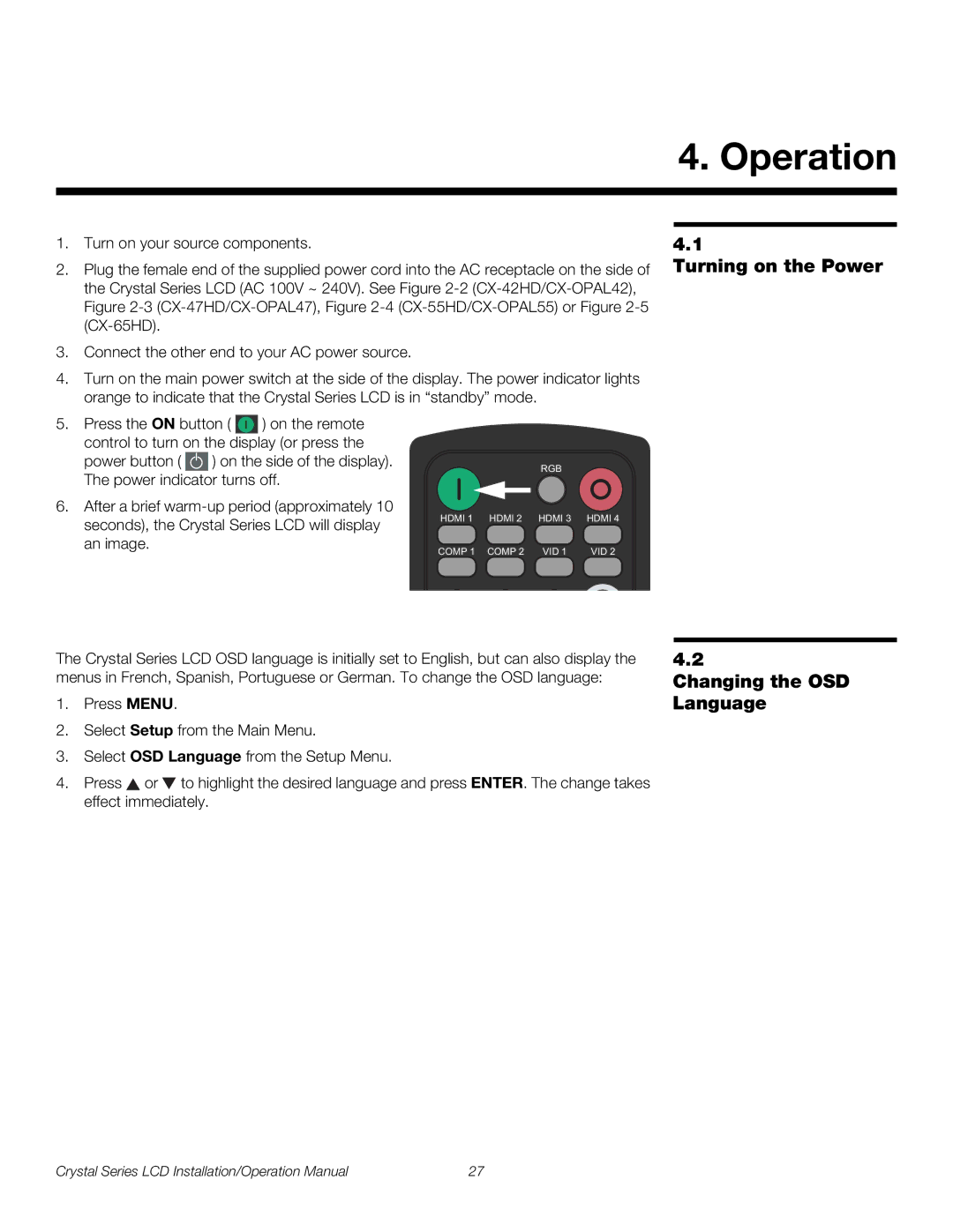 Runco CX-47HD, CX-OPAL47, CX-OPAL42, CX-OPAL55, CX-65HD, CX-55HD Operation, Turning on the Power, Changing the OSD Language 