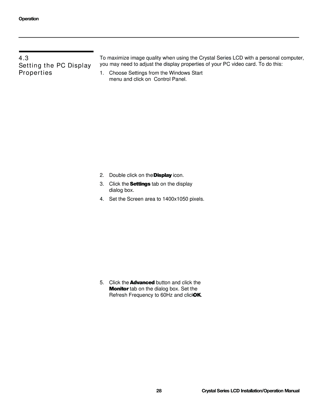 Runco CX-OPAL47, CX-OPAL42, CX-OPAL55, CX-65HD, CX-55HD, CX-42HD, CX-47HD operation manual Setting the PC Display Properties 