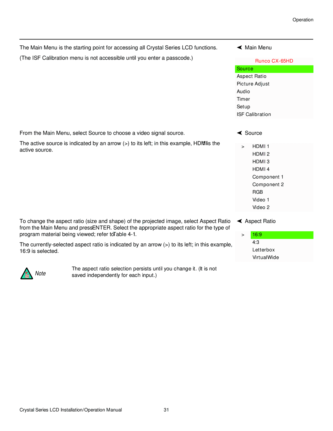 Runco CX-65HD, CX-OPAL47, CX-OPAL42, CX-OPAL55, CX-55HD, CX-42HD, CX-47HD operation manual Main Menu, Source, Aspect Ratio 