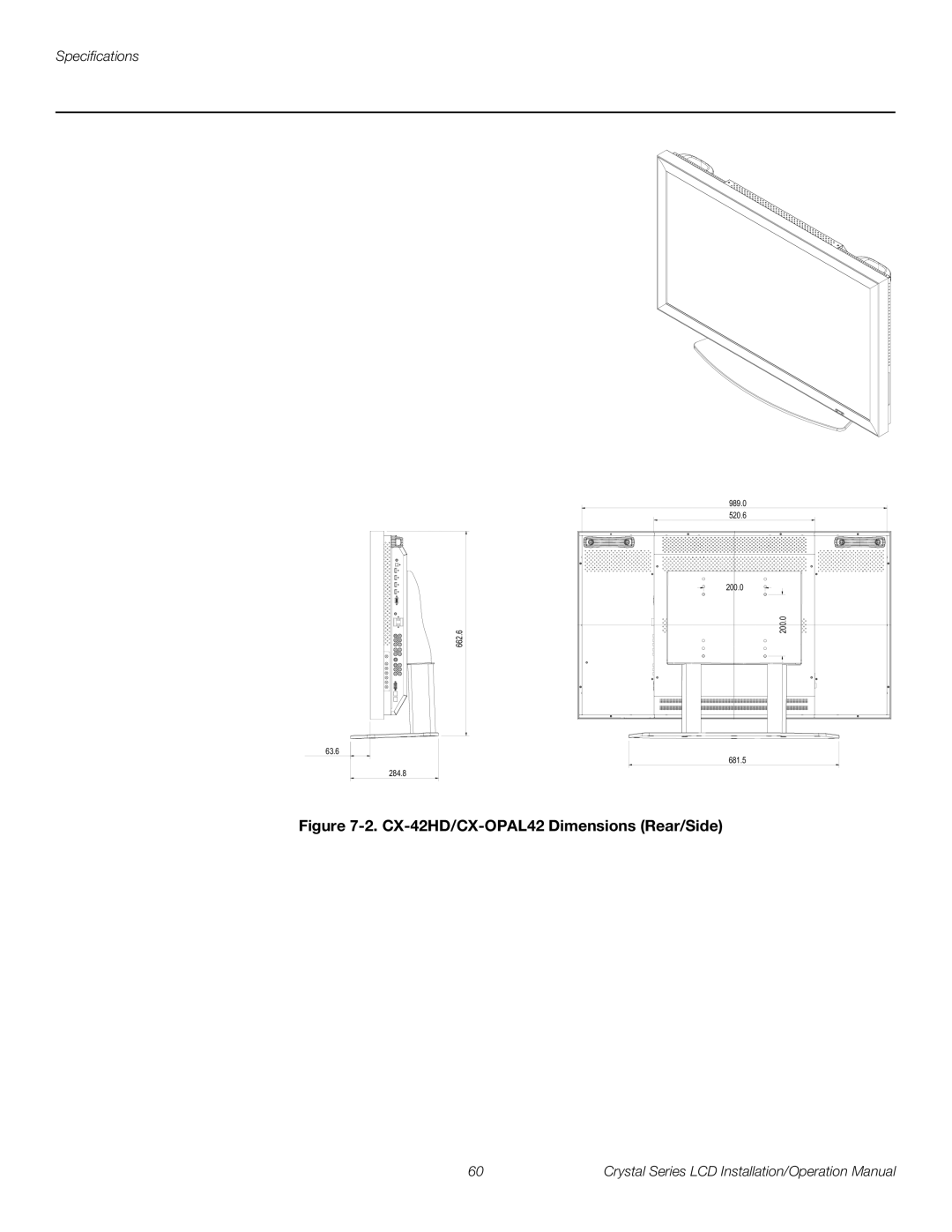 Runco CX-55HD, CX-OPAL47, CX-OPAL55, CX-65HD, CX-47HD operation manual CX-42HD/CX-OPAL42 Dimensions Rear/Side 