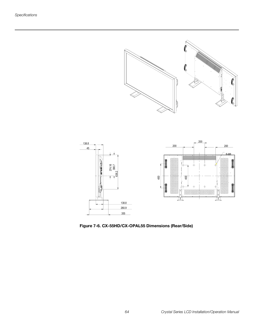 Runco CX-OPAL42, CX-OPAL47, CX-65HD, CX-42HD, CX-47HD operation manual CX-55HD/CX-OPAL55 Dimensions Rear/Side 