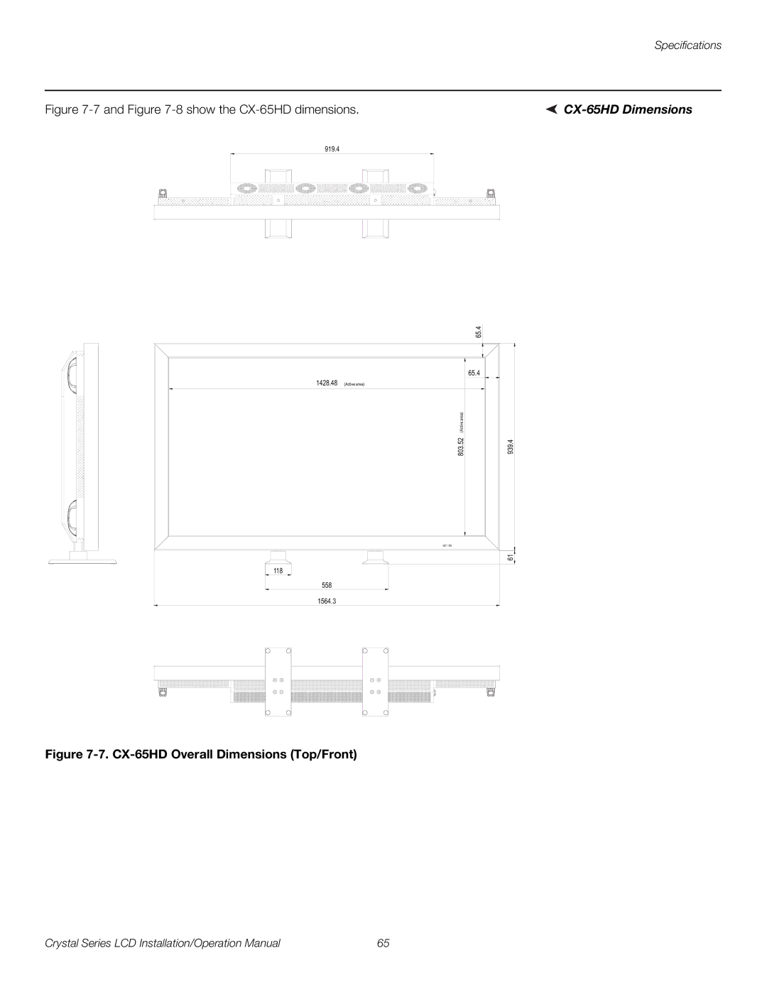 Runco CX-OPAL55, CX-OPAL47, CX-OPAL42, CX-55HD, CX-42HD, CX-47HD 8 show the CX-65HD dimensions, CX-65HD Dimensions 