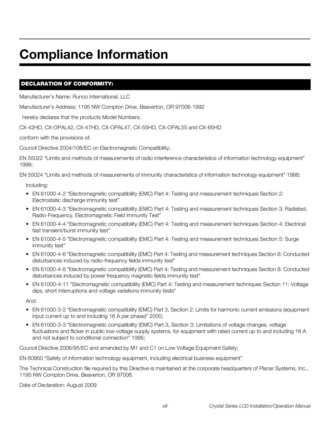 Runco CX-OPAL42, CX-OPAL47, CX-OPAL55, CX-65HD, CX-55HD, CX-42HD, CX-47HD Compliance Information, Declaration of Conformity 