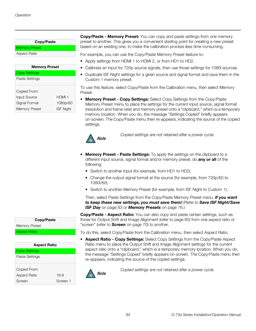 Runco D-73D operation manual Copied settings are not retained after a power cycle, Copy/Paste, Memory Preset 