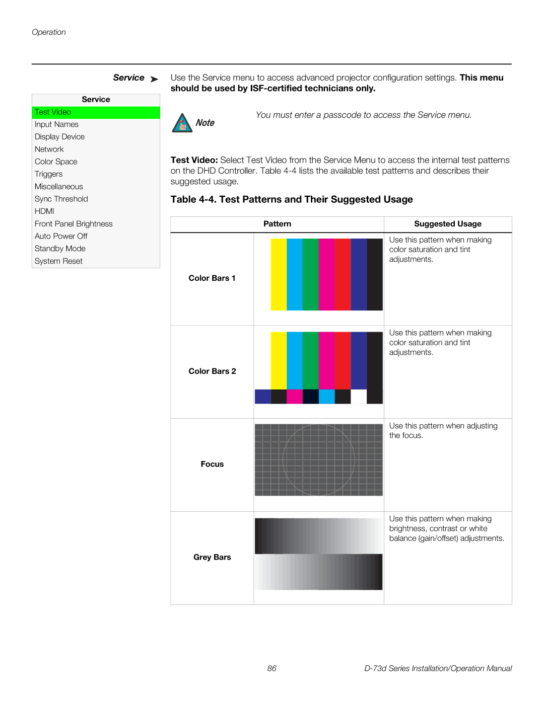 Runco D-73D Test Patterns and Their Suggested Usage, Service, Should be used by ISF-certified technicians only 