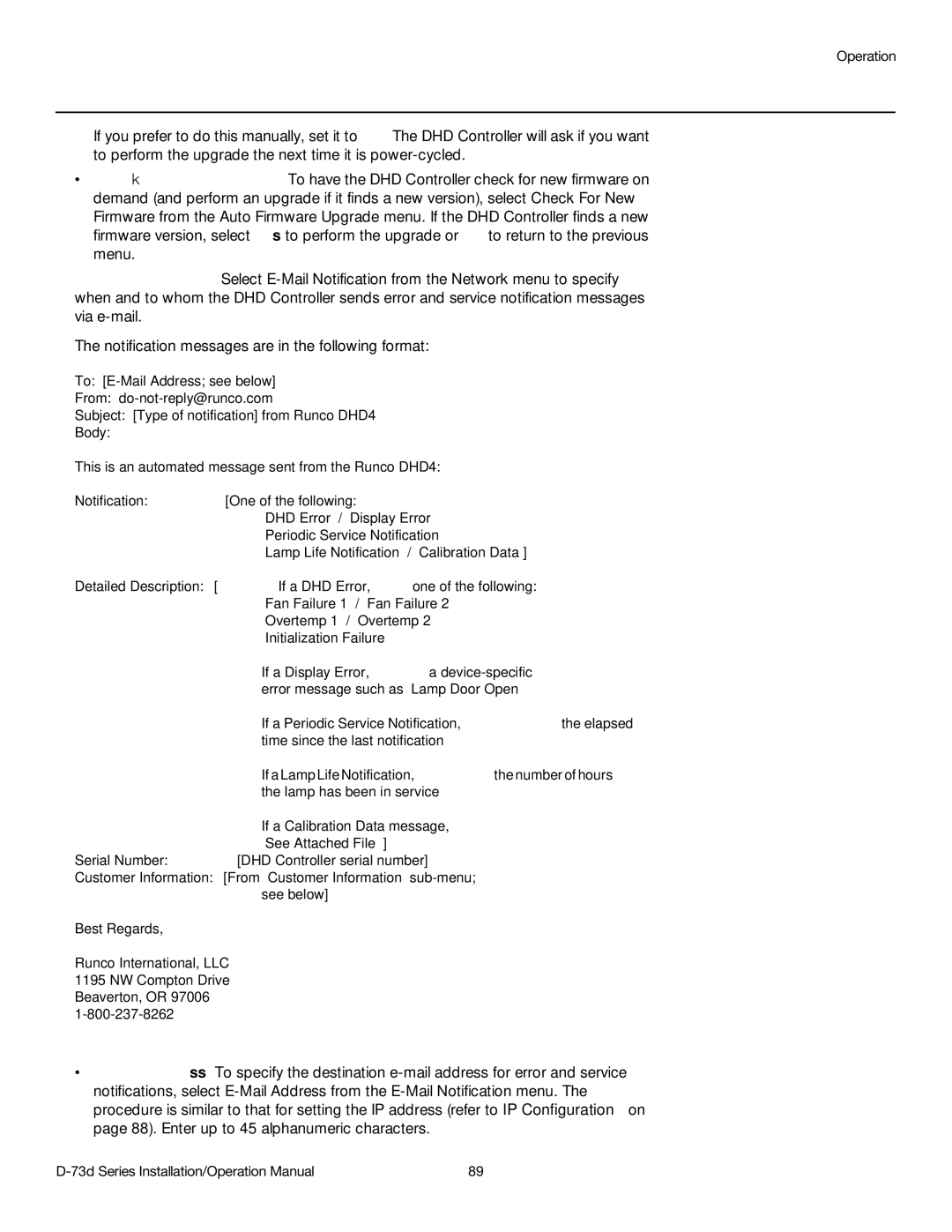 Runco D-73D operation manual If a Display Error, a device-specific 