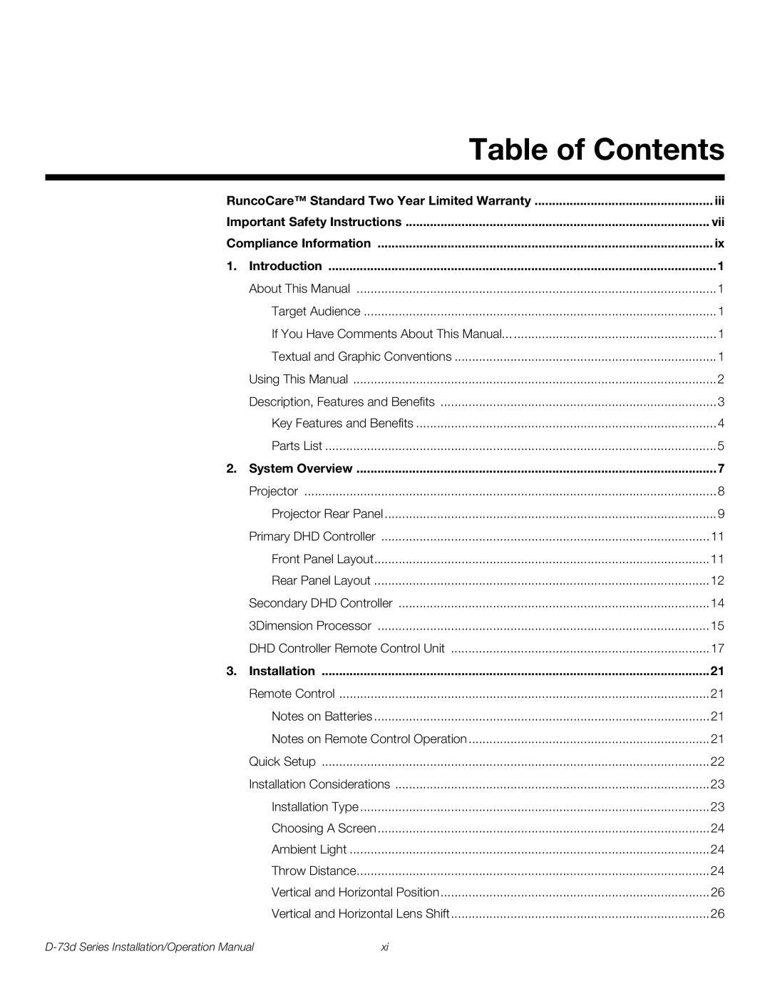 Runco D-73D operation manual Table of Contents 