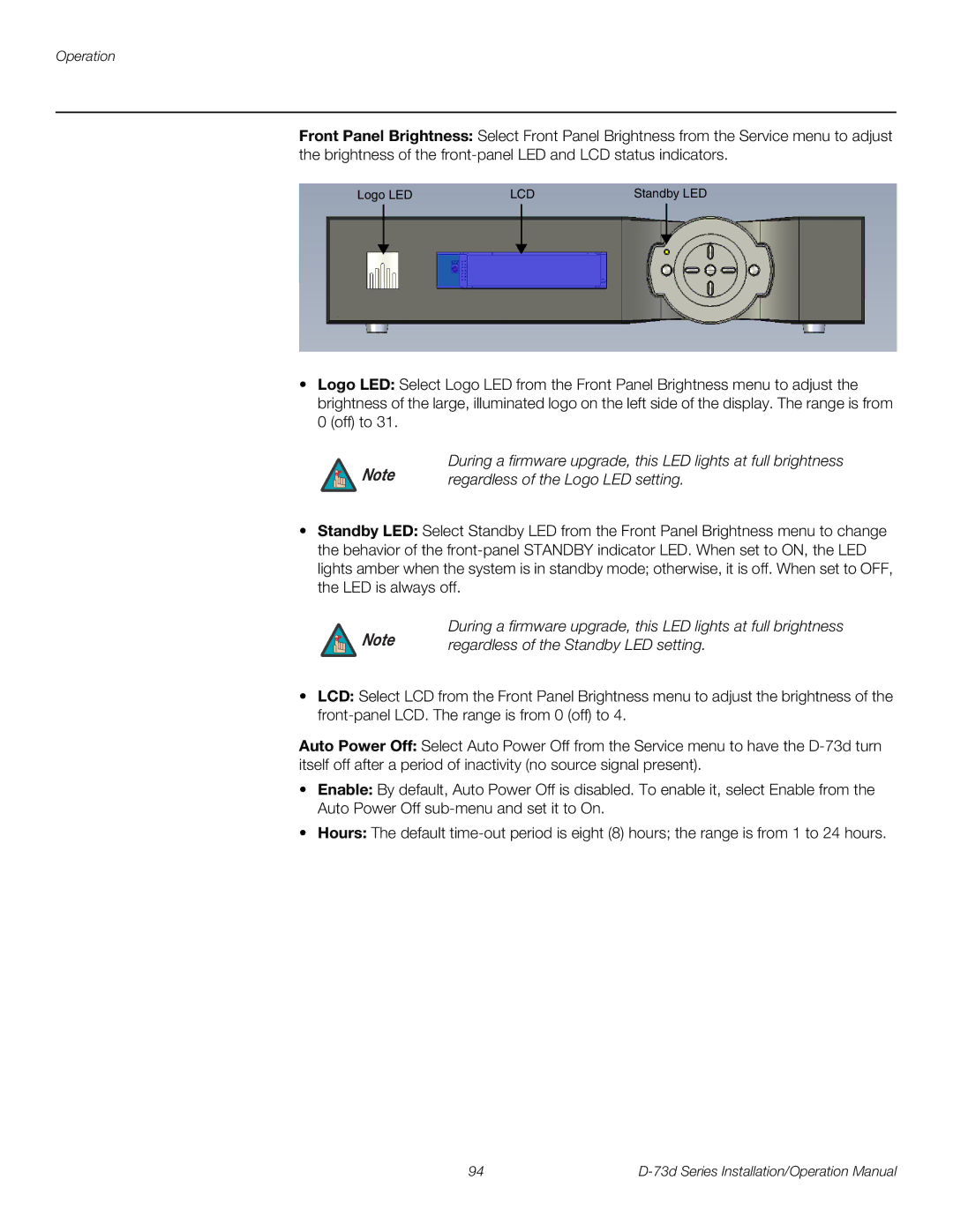 Runco D-73D operation manual Regardless of the Logo LED setting, Regardless of the Standby LED setting 