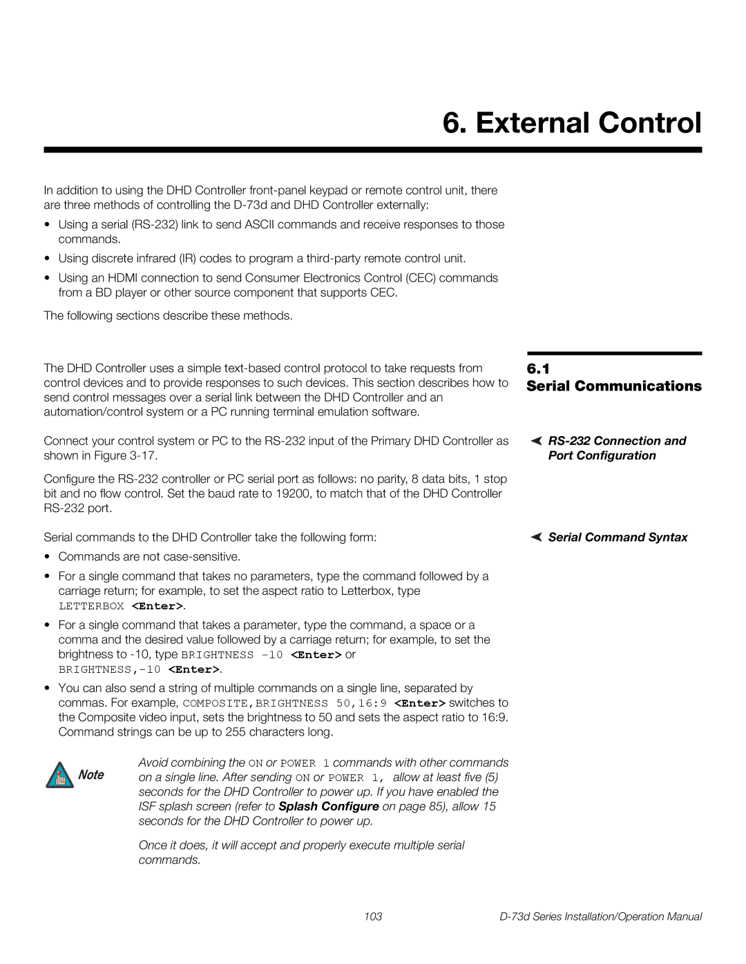 Runco D-73D External Control, Serial Communications, RS-232 Connection, Port Configuration, Serial Command Syntax 